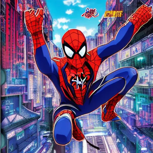 Prompt: Anime key visual of Cyberpunk ninja Spider-Man in a colorful blue and scarlet suit, wearing a scarlet hoodie, riding a skateboard in Berlin, official media drawn by Hirohiko Araki, anime magazine cover, manga cover, shonen jump cover, in the style of JOJO’s bizarre adventure, Hirohiko Araki artwork, takashi murakami artwork