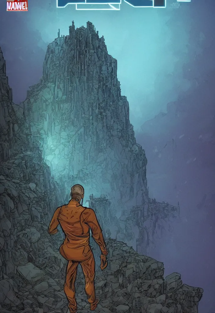 Image similar to A comic book cover of an android with glowing features and back to the camera, looking across a vast chasm and old rope bridge. On the mountain facing him is a crystal temple with a tower glowing in the fog, grand scale, stylized, purple and green