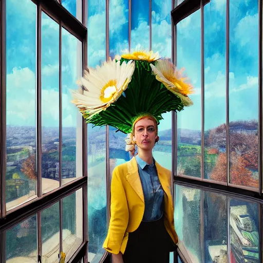 Prompt: giant daisy flower head, woman in suit, standing next to modern windows in luxury loft, surreal photography, sunlight, impressionist painting, digital painting, artstation, simon stalenhag