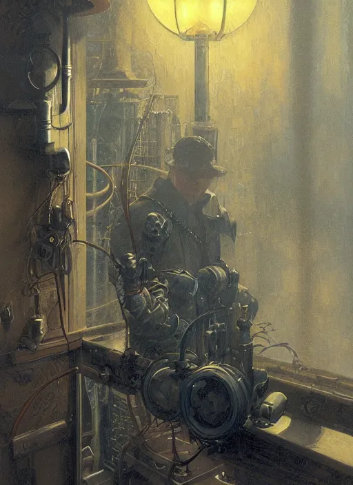 Image similar to A telemarketer created by thick steam, torch shadows, foggy night, intricate, elegant, highly detailed, donato giancola, Joseph Christian Leyendecker, WLOP, Boris Vallejo, Artgerm