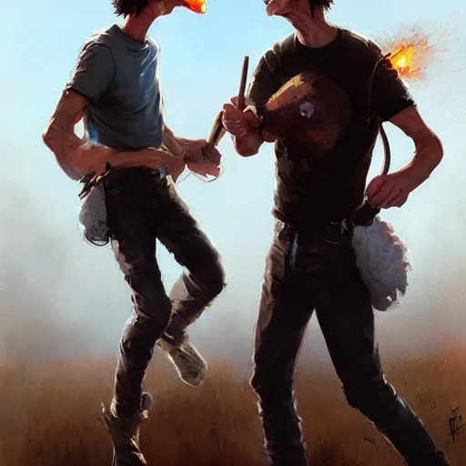 Prompt: beavis and butthead kick each others nuts, greg rutkowski