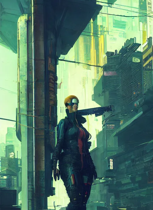 Image similar to Ela. Cyberpunk mercenary in tactical gear infiltrating corporate mainframe. (Cyberpunk 2077), blade runner 2049, (matrix) Concept art by James Gurney, greg rutkowski, Craig Mullins and Alphonso Mucha. Stylized painting with Vivid color.