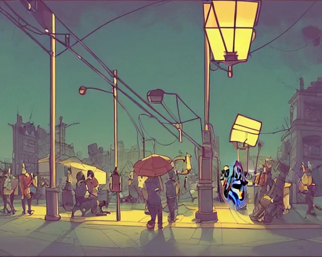 Image similar to a study of cell shaded cartoon of the concert of a music band playing music, street lamps, road, illustration, wide shot, subtle colors, post grunge, concept art by josan gonzales and wlop, by james jean, Victo ngai, David Rubín, Mike Mignola, Laurie Greasley, highly detailed, sharp focus, Trending on Artstation, HQ, deviantart, art by artgem