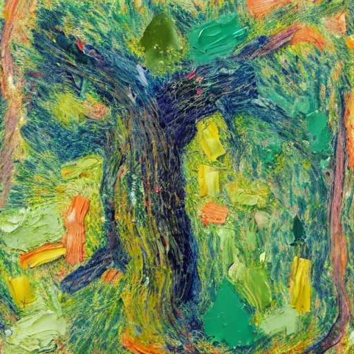 Image similar to oil paint impasto relief, tree in a field, multi layered abstract texture thick brush marks, some splattered paint, in the style of monet and frank auerbach