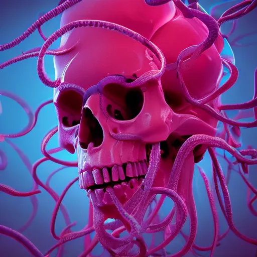 Image similar to a human Skull mutating into flowers, tentacles, unnatural shapes, jellyfish tentacles reaching out, coherent human Skull, insect, chaotic octane render, 3d digital art by beeple, unreal engine 5, award winning,