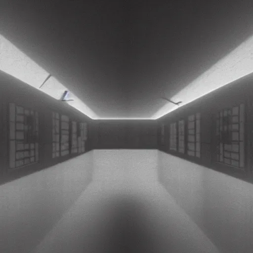 Image similar to the eerie halls of the scp foundation, unnerving mist, liminal