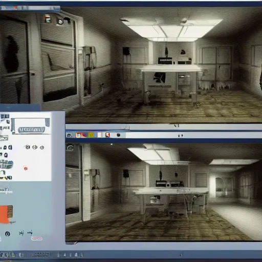 Image similar to an old computer screen showing a low poly horror games, the horror game shows a person and an apartment in a low poly style, hyper detailed computer, super realistic.