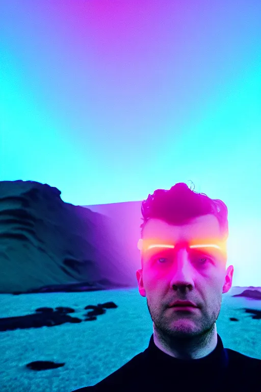 Image similar to high quality pastel coloured film wide angle selfie photograph of a plain male cyber boy standing in an icelandic black rock environment. sarcastic expression. three point light. photographic. art directed. pastel colours. volumetric light. stark. waves glitch. 8 k. filmic.