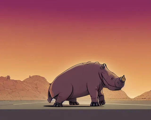 Prompt: a study of cell shaded cartoon of a mechanical hippo on a desert road, in front of a big moon illustration, wide shot, subtle colors, post grunge, concept art by josan gonzales and wlop, david rubin, mike mignola, laurie greasley, highly detailed, sharp focus, trending on artstation, hq, deviantart, art by artgem