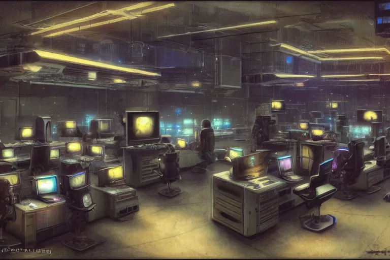 Image similar to a computer room filled with lots of monitors, cyberpunk art by chie yoshii, cgsociety, retrofuturism, greeble, dystopian art, circuitry