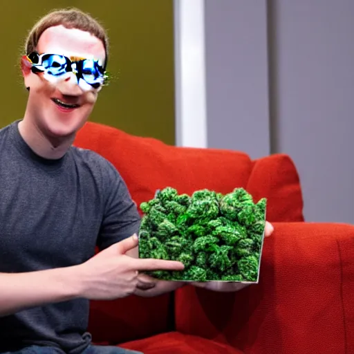 Prompt: mark zuckerberg sitting on a green sofa showing off a ziplock full of weed, blurry, low res