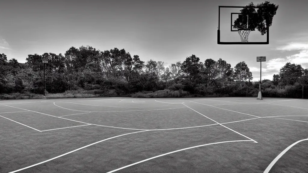 Image similar to a photograph of an empty basketball court in a scenic location, in the styles of cameron look, andrew bernstein, and ansel adams. intricate, hyperrealistic, monochrome hdr, accurate court