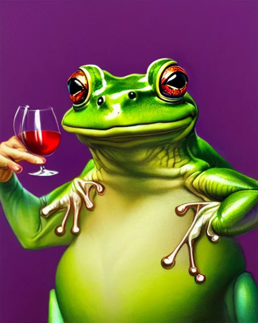 Image similar to anthropomorphic art of an elegant green frog, with wine, in a lilac dressing gown by artgerm, victo ngai, ryohei hase, artstation, highly detailed digital painting, smooth, global illumination, fantasy art by greg rutkowsky, karl spitzweg, leyendecker