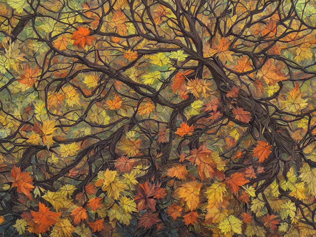 Prompt: a chaotic windy tornado of autumn leaves, intricate details, aesthetically pleasing and harmonious natural colors, art by tiffany bozic, impressionism, detailed, dark