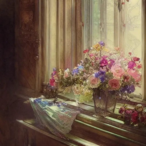 Prompt: a beautifull intricate watercolour painting of a victorian room with flowers, reflexions, verry high details by william turner art, greg rutkowski and alphonse mucha, trending on artstation, very very detailed, masterpiece, wide lens,