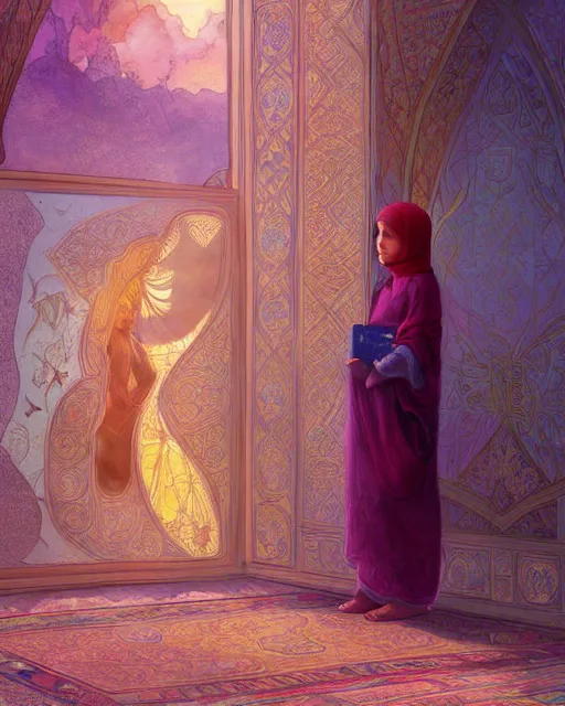 Image similar to a bedouin child infront of an big open quran highly detailed, gold filigree, romantic storybook fantasy, soft cinematic lighting, award, disney concept art watercolor illustration by mandy jurgens and alphonse mucha and alena aenami, pastel color palette, featured on artstation