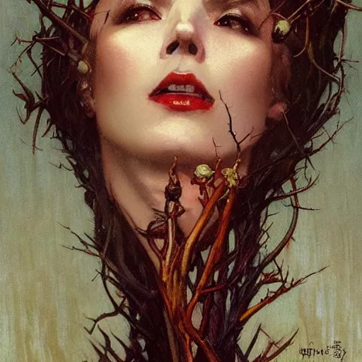 Prompt: portrait of a menacing beautiful vampire, head only, headshot, by Stanley Artgerm Lau , greg rutkowski, thomas kindkade, alphonse mucha, loish, norman rockwell, J. C. Leyendecker. hair waving in the wind, pale skin, sinister complexion, thorn crown, image bordered by thorns, thorn background. D&D, fantasy. Trending on artstation rule of thirds extremely detailed illustration hd 4k