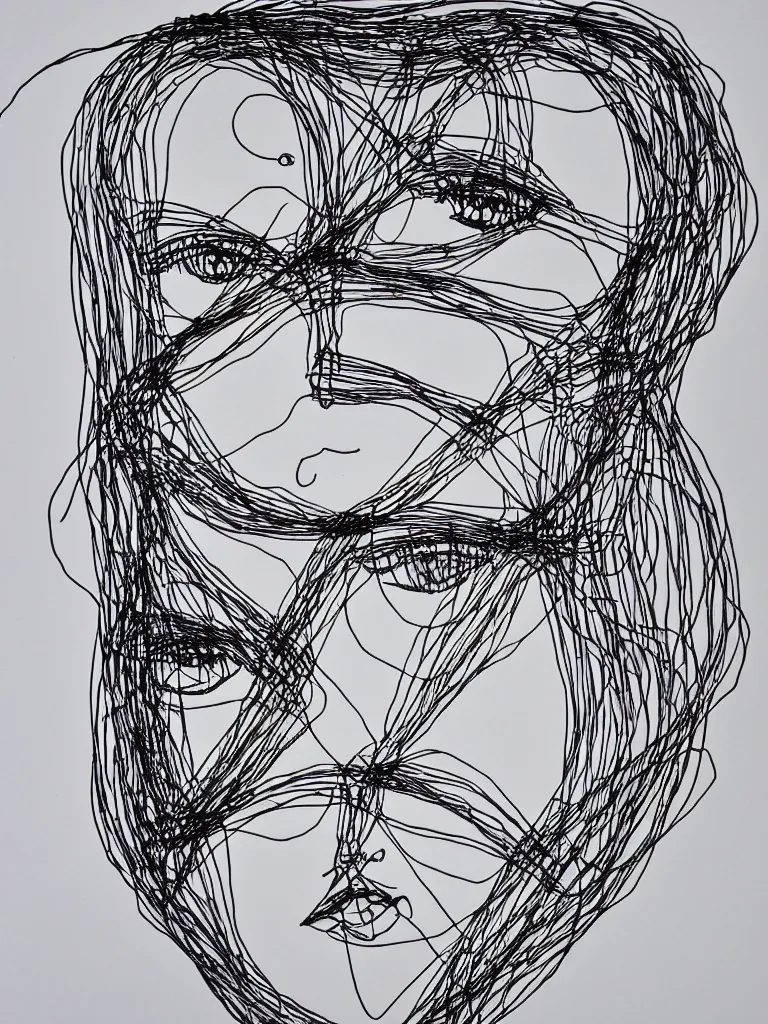 Prompt: elegant minimal thick metal wire art of a symmetrical and expressive female human face, influenced by gejza schiller and pablo picasso portraits