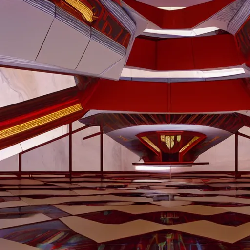 Prompt: interior of a futuristic scifi temple with gold, red and white marble panels, in the desert, by buckminster fuller and syd mead, intricate contemporary architecture, photo journalism, photography, cinematic, national geographic photoshoot