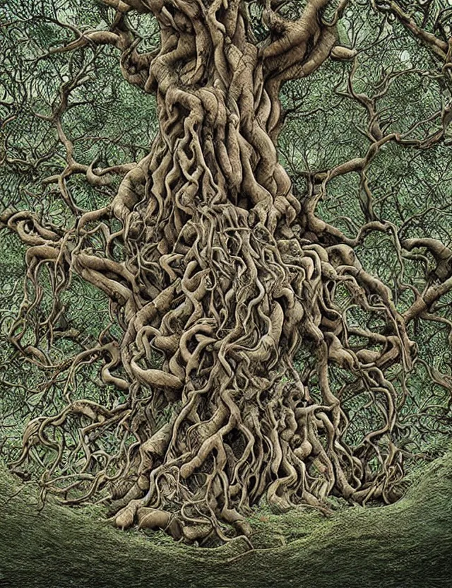 Prompt: an ancient tree with gnarled roots on a hill and rivulets of water running down in a maze by james jean and pascal blanche, labyrinthine, recursive, flowing, mystical