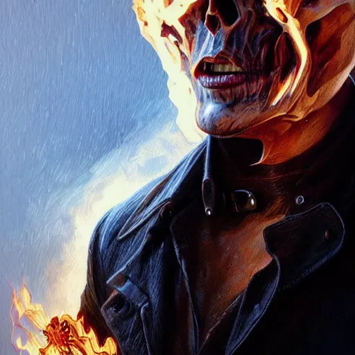 Image similar to handsome Keanu Reeves as Ghost Rider, western, closeup, D&D, fantasy, intricate, elegant, highly detailed, digital painting, artstation, concept art, matte, sharp focus, illustration, art by Artgerm and Greg Rutkowski and Alphonse Mucha