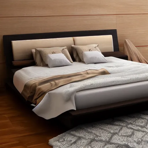 Image similar to a modern wood sculpted bed, detailed, realistic,