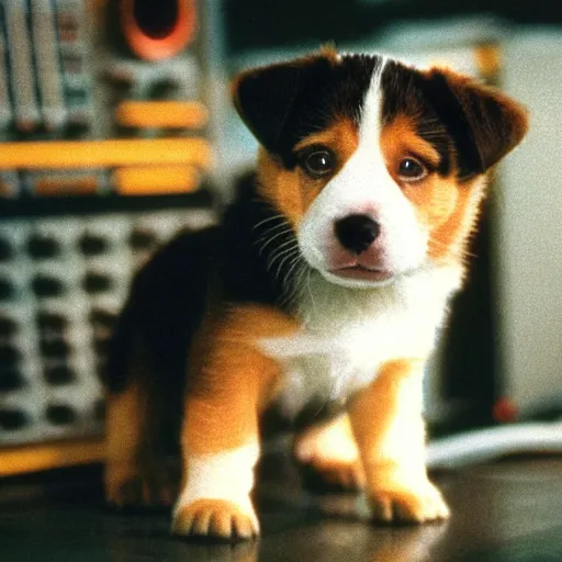 Prompt: puppy in industrial control room, photo from 1 9 9 8, ektachrome, - 3 6 8 9 2 8 9 5 5 6