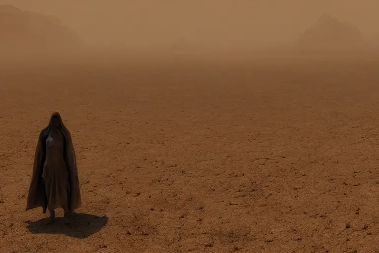 Image similar to a shadowy figure in tattered robes sees another figure in the distance, in an alien desert during a sandstorm ; tension, creepy mood, uneasy atmosphere, breathtaking digital art, cinematic lighting, striking perspective, contrasting colors, unreal engine 8 k, trending on artstation, aesthetic color palette, very realistic, highly detailed