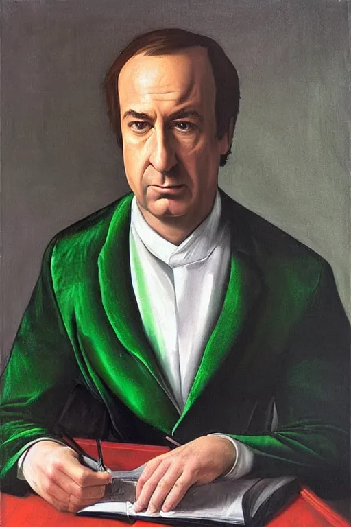 Prompt: “ saul goodman wearing a green velvet prada suit, caravaggio oil painting, high detail, shallow depth of field ”