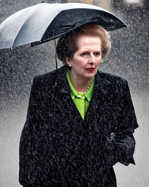 Image similar to margaret thatcher in torrential rainstorm on london street, full body, atmospheric moody hyper realistic award winning color cinematic still 8 k