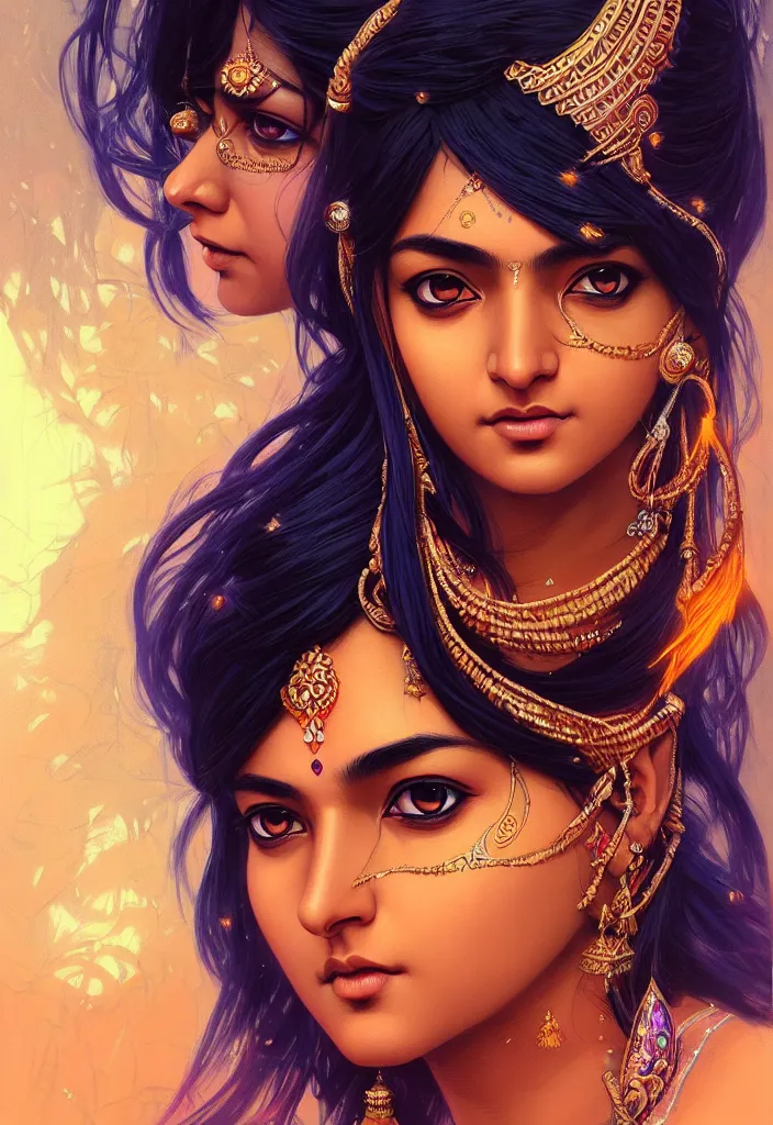 Image similar to a comic portrait of an indian goddess, realistic shaded perfect face, fine details. cosmic setting. anime style. realistic shaded lighting poster by ilya kuvshinov katsuhiro, magali villeneuve, artgerm, jeremy lipkin and michael garmash, rob rey and kentaro miura style, trending on art station