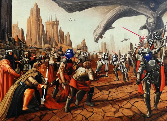 Prompt: medieval oil painting depicting star wars events, realistic, sharp, detailed