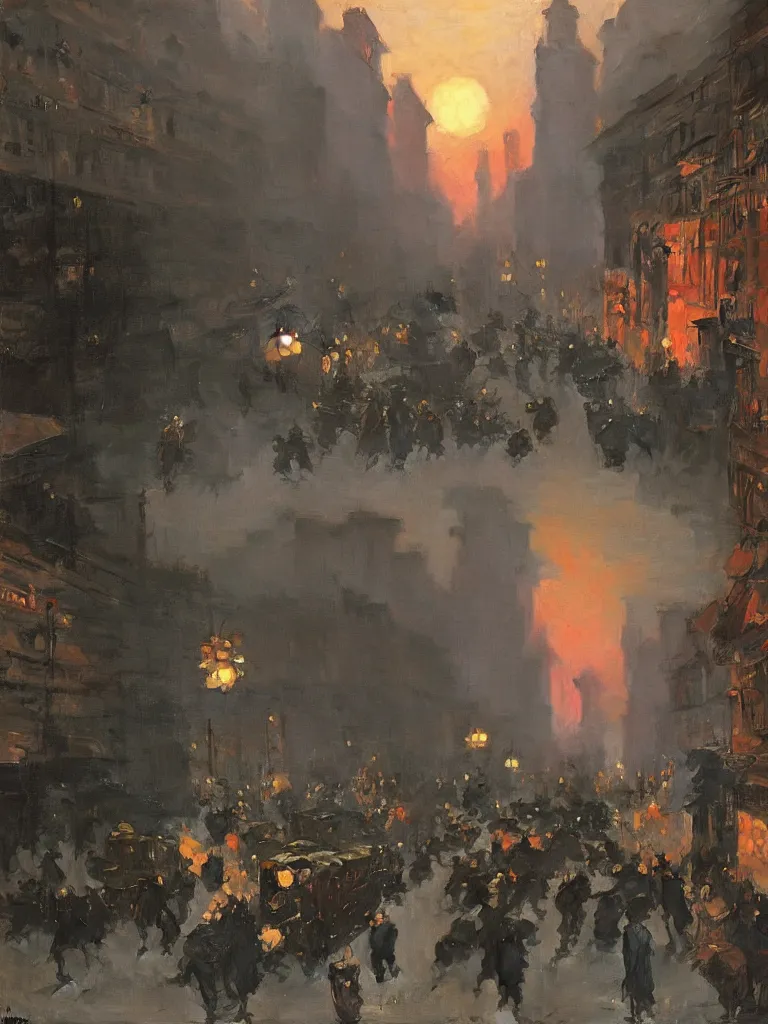 Image similar to a large dieselpunk city street at dusk in russia during the 1 9 1 0 revolution, craig mullins, winslow homer