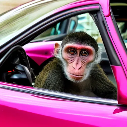 Image similar to monkey driving a purple Ferrari, photorealistic