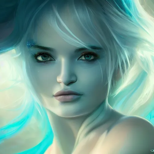 Image similar to A mesmerizing ethereal oceanic portrait of Kim Petras, splash art, natural light, sunlit, hyperdetailed, artstation, cgsociety, deviantart 8k