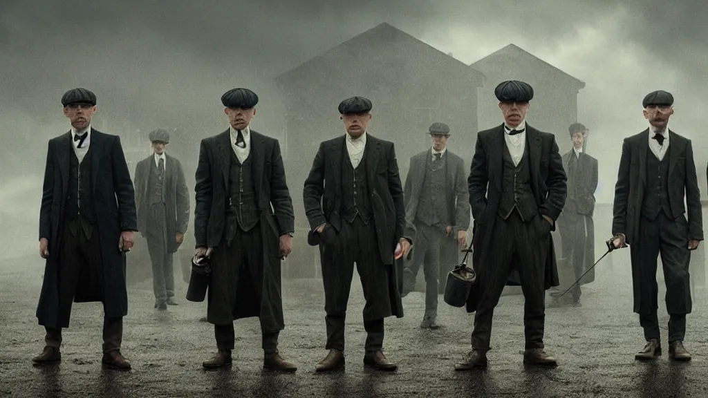 Image similar to the peaky blinders made out of peanuts, film still from the movie directed by denis villeneuve with art direction by zdzis