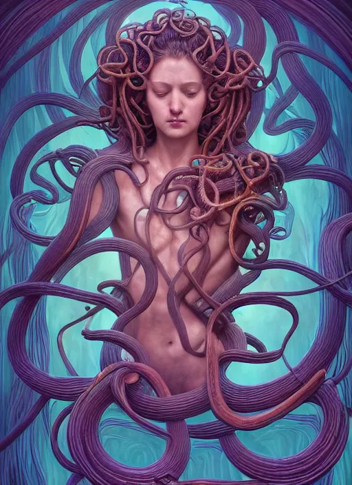 Image similar to medusa, subsurface scattering, wooden art nouveau swirls, strong subsurface scattering, cables, tubes, subsurface scattering, in the style of james jean and tomasz alen kopera and beeple, subsurface scattering, mystical colors, rim light, soft lighting, 8 k, stunning scene, raytracing, octane render, trending on artstation