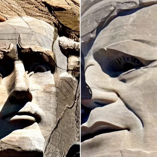 Image similar to donald trump's face carved into the rock on mount rushmore. the photo clearly depicts donald trump's facial features next to other former presidents, at a slightly elevated level, depicting his particular hair style carved into the stone at the mountain top, centered, balances, regal, pensive, powerful, just