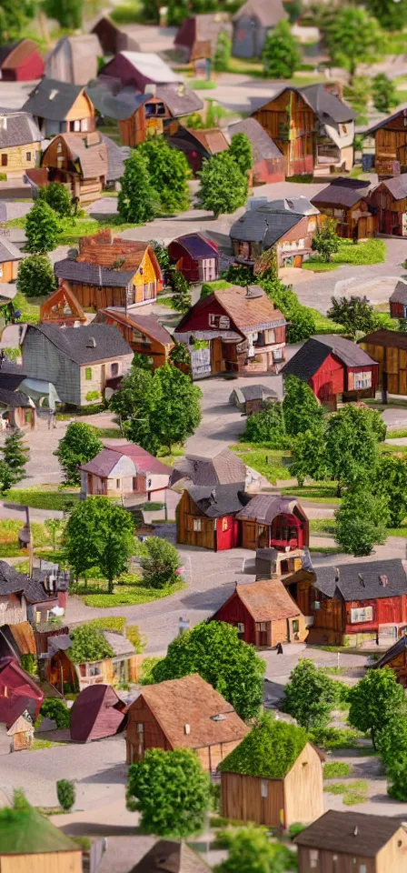 Prompt: Miniature town with wooden houses, 4K render, depth of field, natural lighting