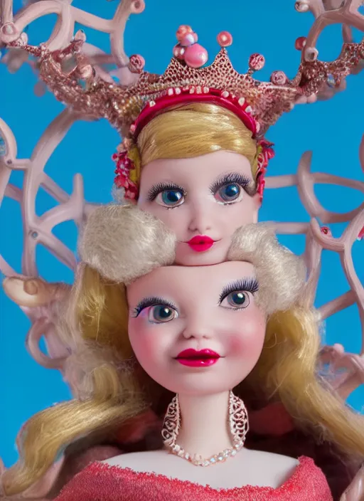 Image similar to closeup face profile portrait of tin toy sylvia sims as a fairytale princess wearing a crown eating cakes, bikini, depth of field, zeiss lens, detailed, symmetrical, centered, fashion photoshoot, by nicoletta ceccoli, mark ryden, lostfish, breathtaking, 8 k resolution, extremely detailed, beautiful, establishing shot, artistic, hyperrealistic, octane render
