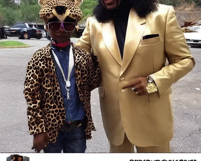 Image similar to cult worship of a angel pimp. the pimp is swagged out to the max. the pimp is wearing a cheetah. he loves the cheetah. he is the cheetah's actual dad.