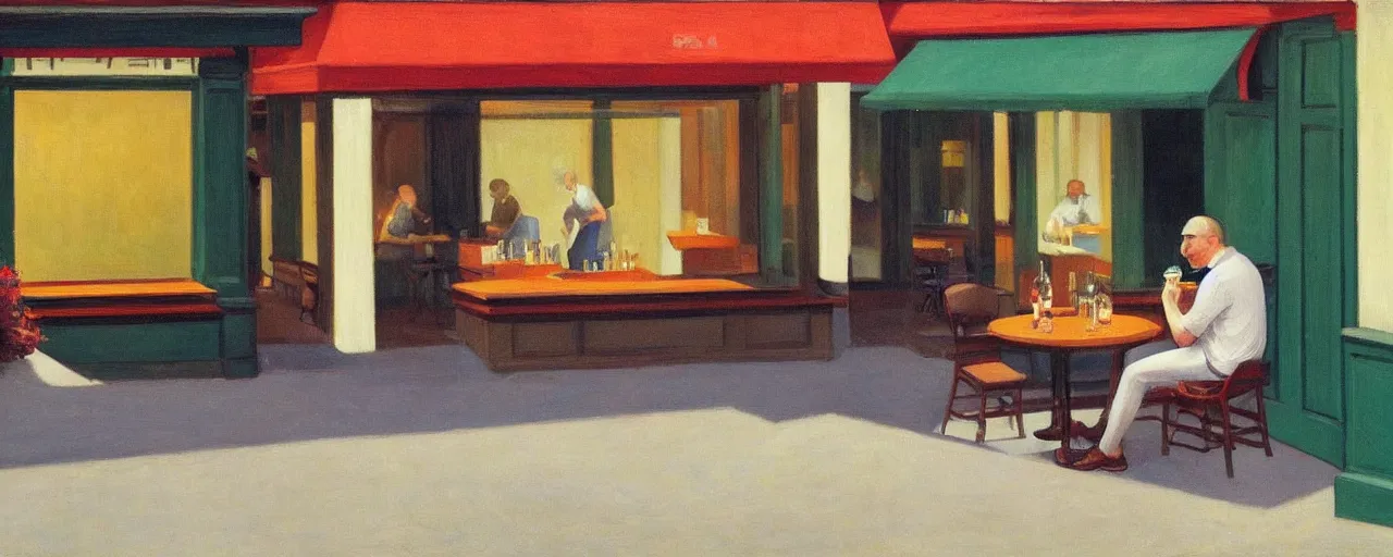 Image similar to a casually-dressed middle-aged man drinking a beer on a patio, picture in the style of Edward Hopper