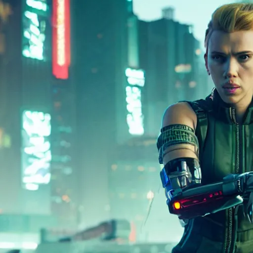 Image similar to angry cybernetic scarlett johansson after a bad mission in Cyberpunk 2077. CP2077. 3840 x 2160