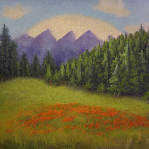 Image similar to cozy meadow at the base of a mountain. Oil on vellum.