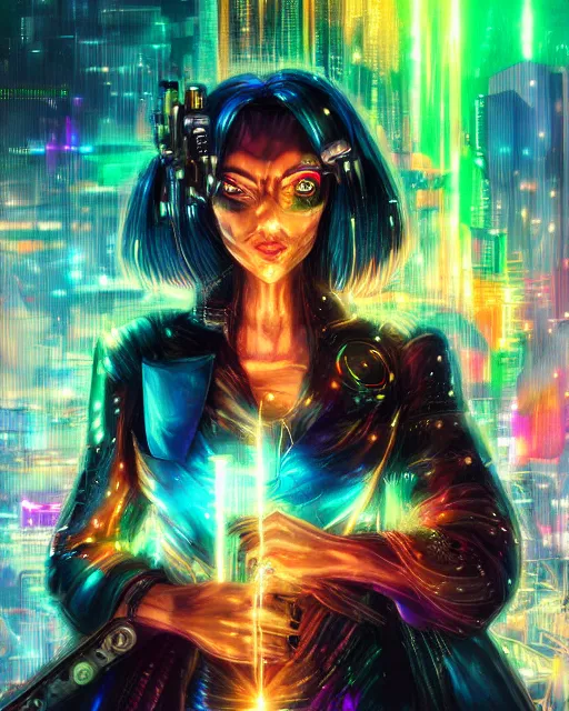 Image similar to a cyberpunk close up portrait of enchanting cyborg cruella de vil, electricity, rainbow, sparks, bokeh, soft focus, sparkling, glisten, water drops, cold, dark, geometric, temples behind her, by paul lehr, jesper ejsing