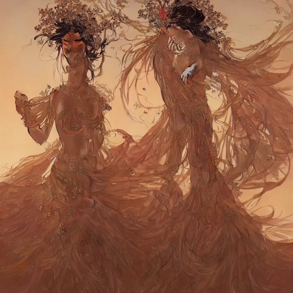 Prompt: a goddess dancing in the desert, symmetrical face, fantasy, intricate and very beautiful and elegant, highly detailed, digital painting, artstation, concept art, smooth and sharp focus, illustration, art by tan zi and ayanamikodon and alphonse mucha and wlop