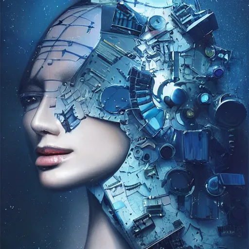 Image similar to 3 d, sci - fi, close - up, night, smiling fashion model face, moon rays, cinematic, clouds, sun rays, vogue cover style, poster art, blue mood, realistic painting, intricate oil painting, high detail illustration, figurative art, multiple exposure, poster art, 3 d, by tooth wu and wlop and beeple and greg rutkowski