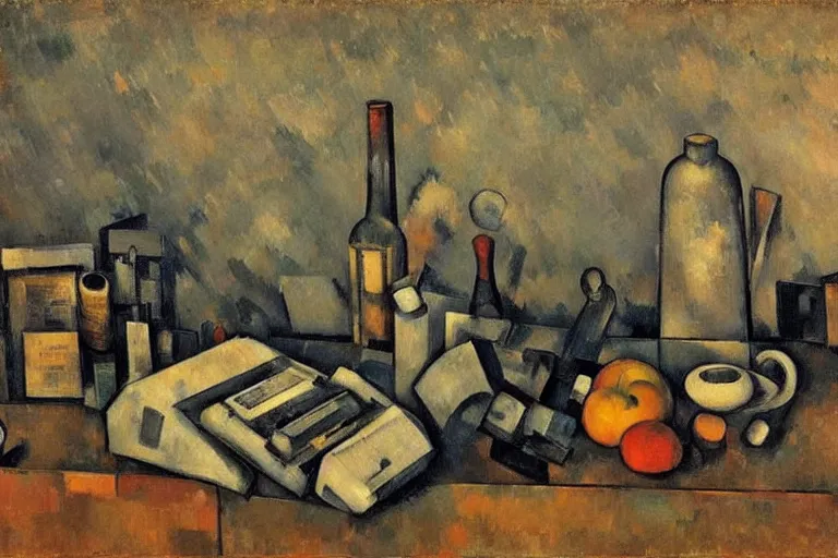 Prompt: still life painting of vintage computers by Paul Cézanne, oil on canvas, strong lighting, highly detailed, hyper realism, HD, 4K