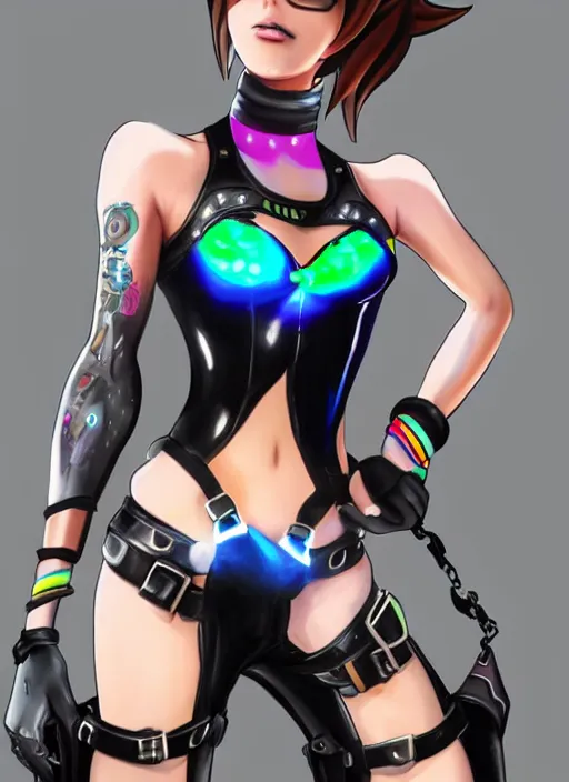 Image similar to full body digital artwork of tracer overwatch, wearing black iridescent rainbow latex tank top, 4 k, expressive happy smug expression, makeup, in style of mark arian, wearing detailed black leather collar, chains, black leather harness, leather cuffs around wrists, detailed face and eyes,