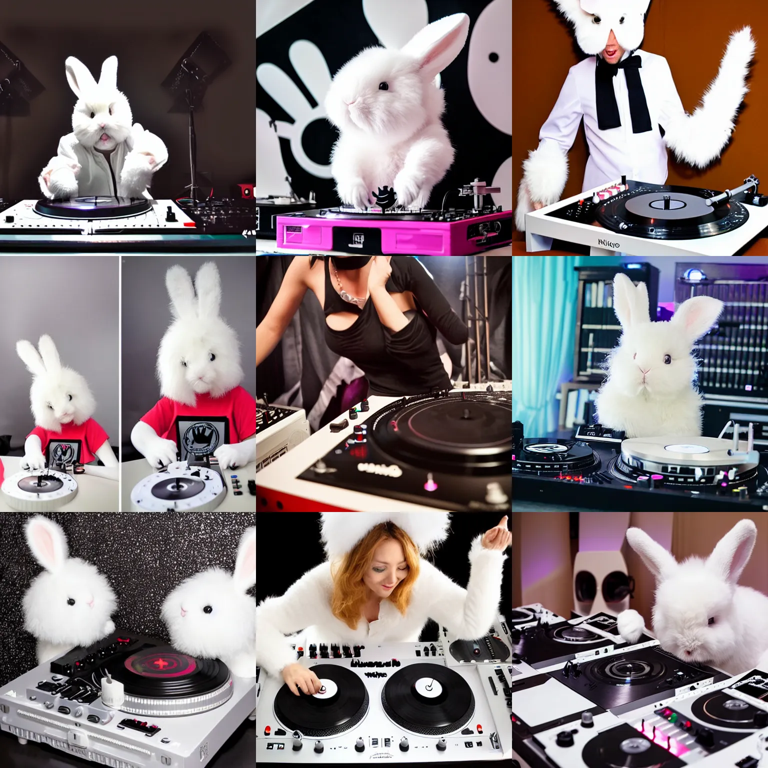 Prompt: super cute fluffy white bunny rabbit ninja DJing with DJ turntables, photoreal